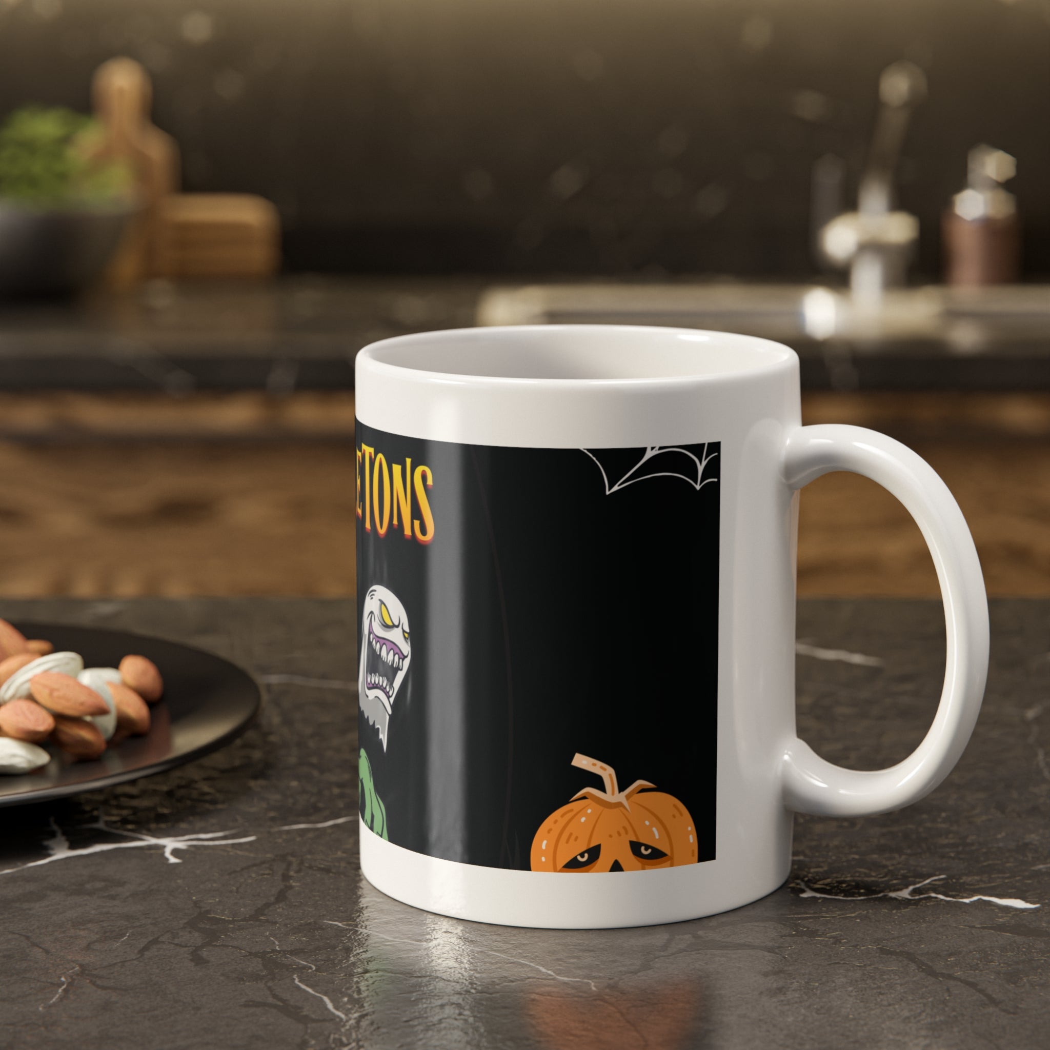 Creepy Skeletons and Ghosts | Spooky Halloween with Pumpkins | White Ceramic Mug